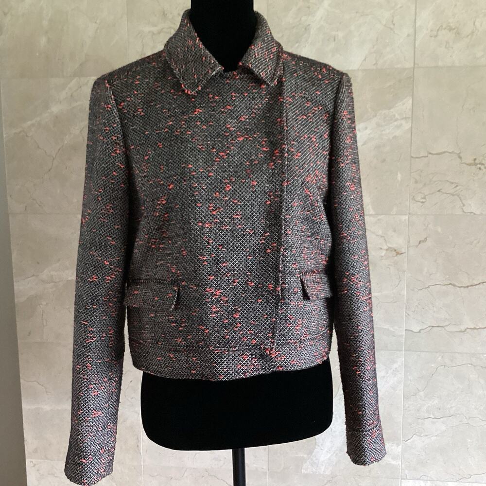 J.Crew Tweed Cropped Moto Jacket, Size 8, Black, White Neon Red, Fall Preppy - Picture 3 of 13